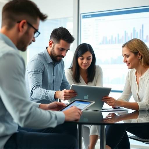 Diverse group of people looking at investment data on laptops and tablets.